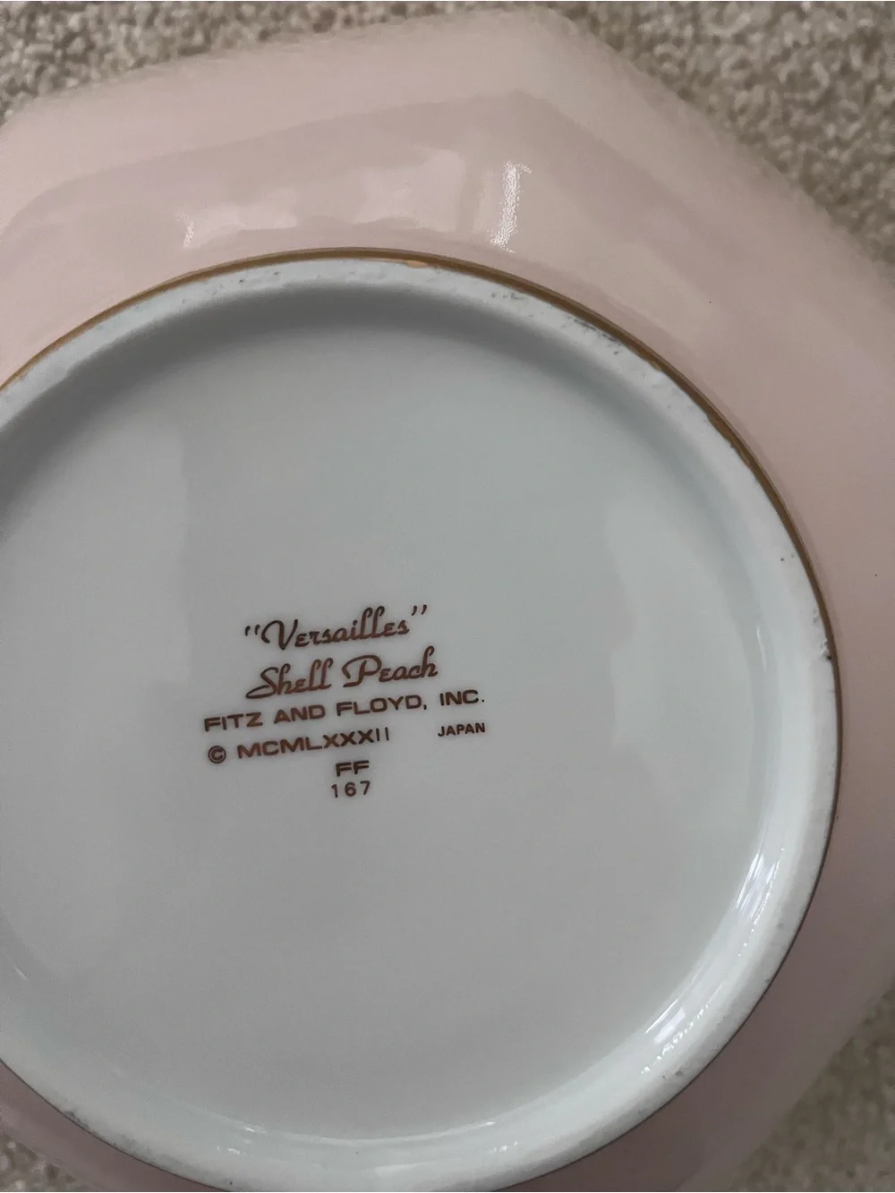 Fitz and Floyd Shell Pink Octagonal Serving Bowl with Gold Trim